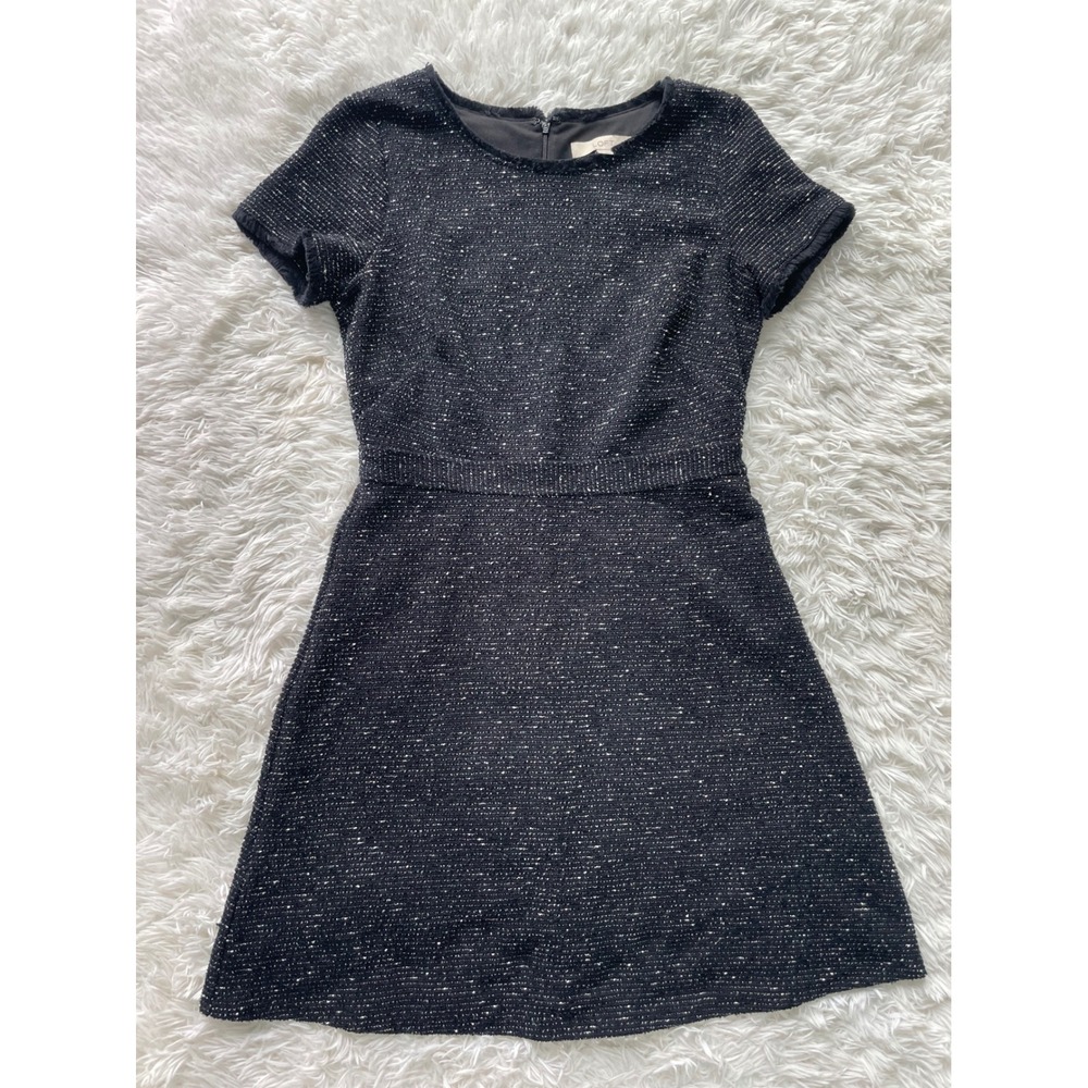 LOFT Tweed Frayed Trim Short Sleeve A-Line Dress